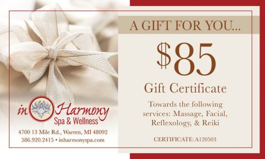 A gift for you $85 Gift Certificate. Towards the fallowing services: Massage, Facial, Reflexology, and Reiki